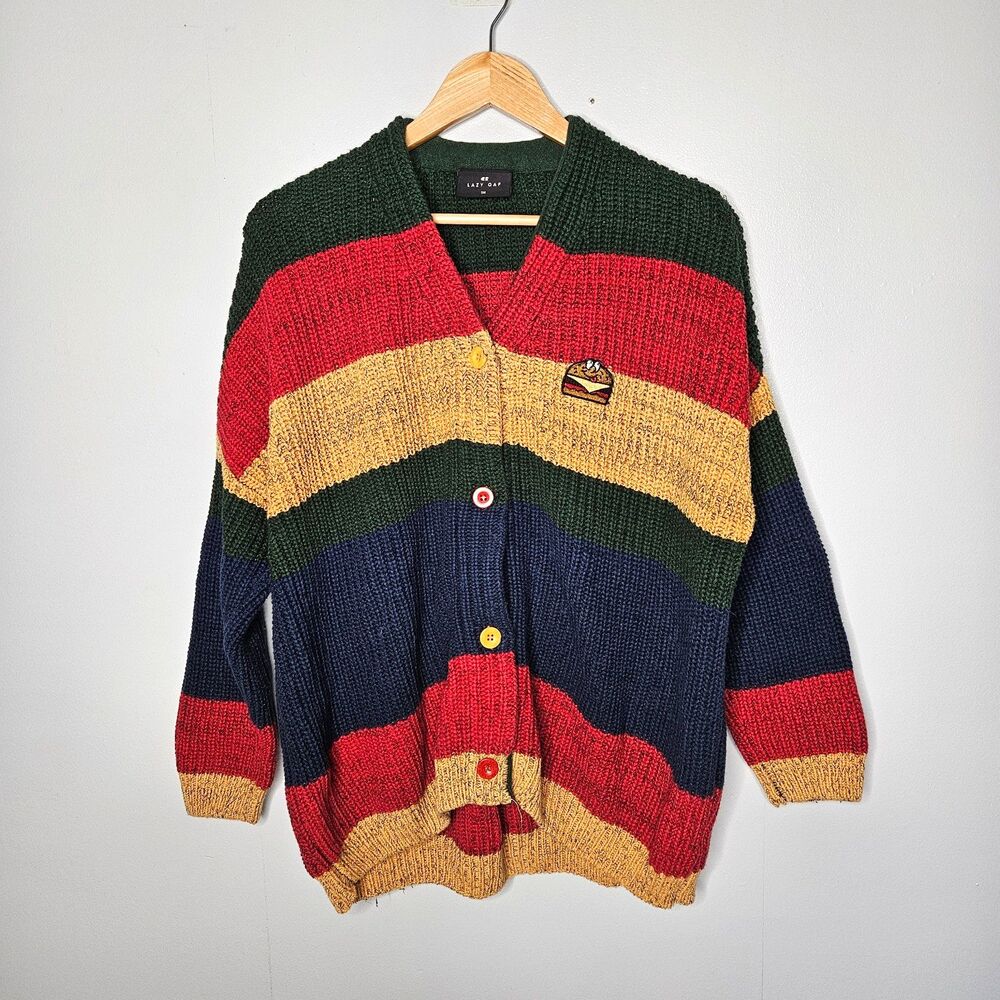 LAZY OAF Striped Burger Cardigan Women's Small Oversized Grandpa Quirky Fun
